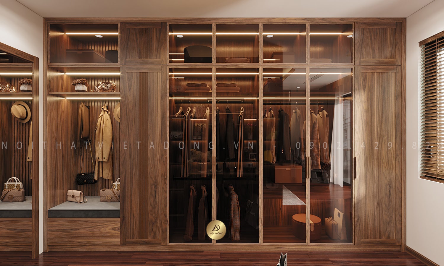 Tủ quần áo gỗ Óc Chó thiết kế mở - sang trọng hiện đại